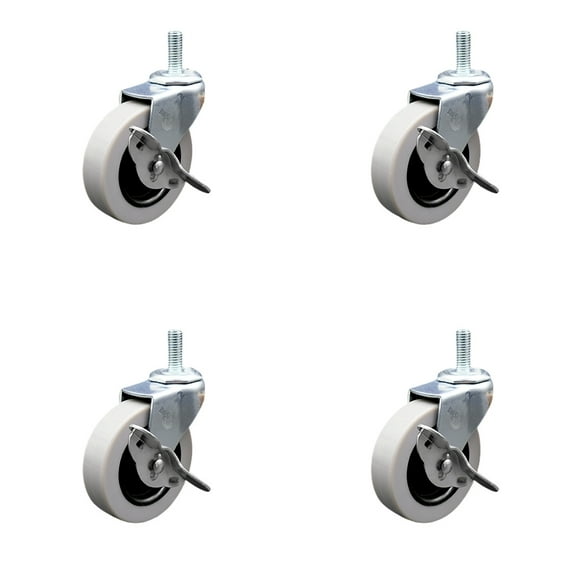 3 Inch Polyurethane Wheel 3/8 Threaded Stem Caster Set with Brakes Set of 4 SCC