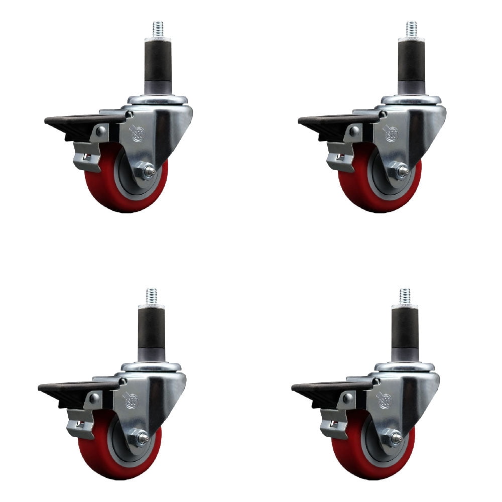 3 Inch Red Poly Swivel 1-1/4 Inch Expanding Stem Caster Set with Brake ...