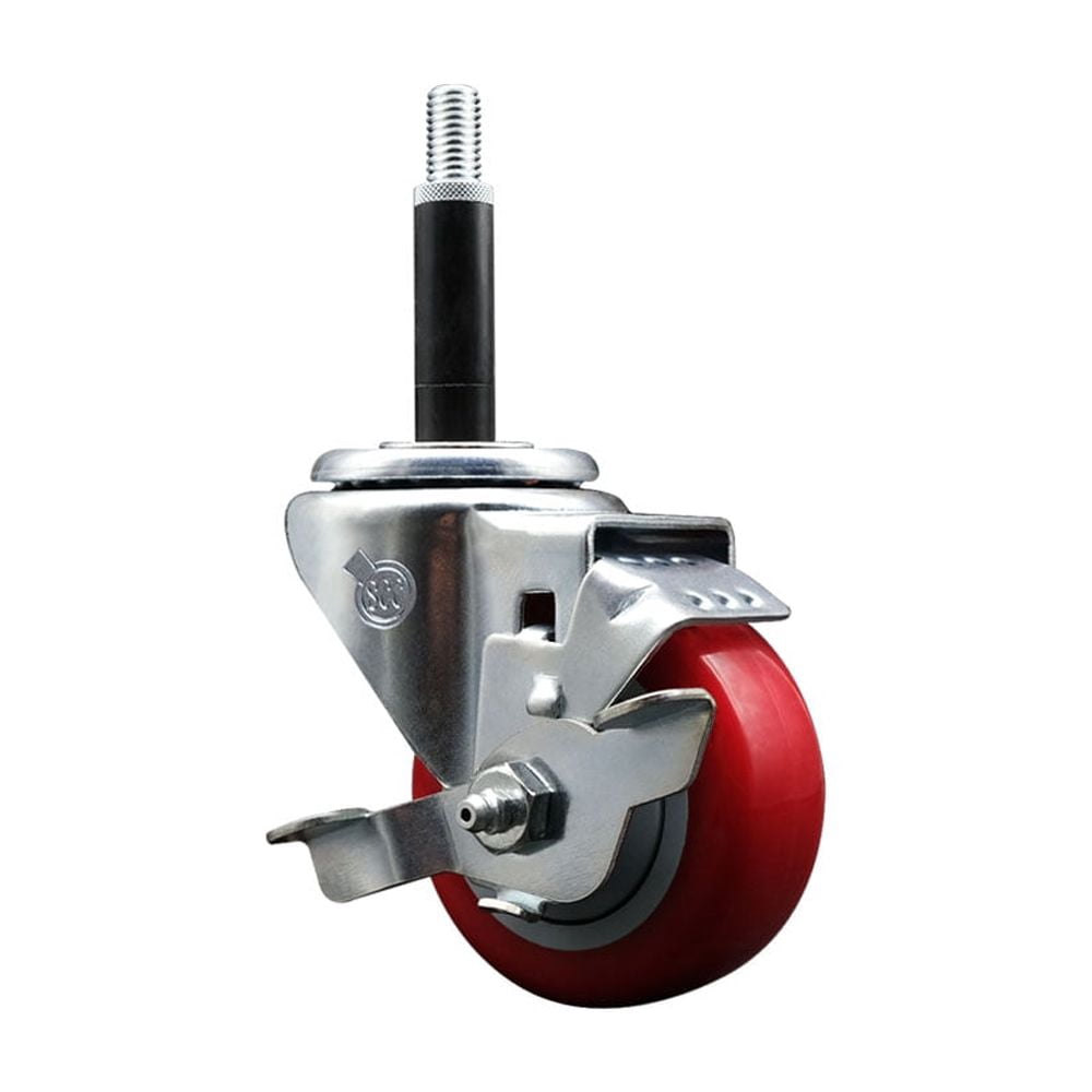 3 Inch Red Poly Swivel 3/4 Inch Expanding Stem Caster with Brake SCC ...