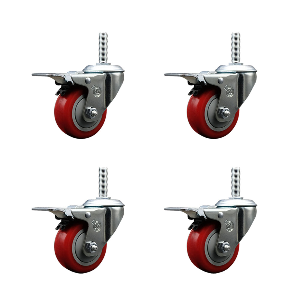 3 Inch Red Poly Swivel 5/8 Inch Threaded Stem Caster Set with Total ...