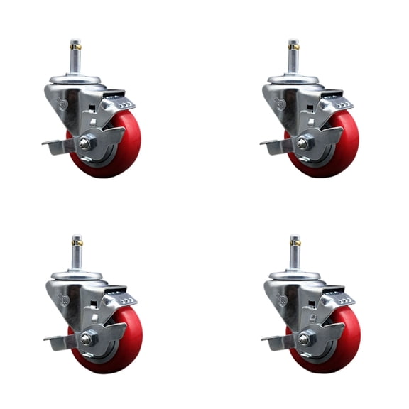 3 Inch Red Poly Swivel 7/16 Inch Grip Ring Stem Caster Set with Brake