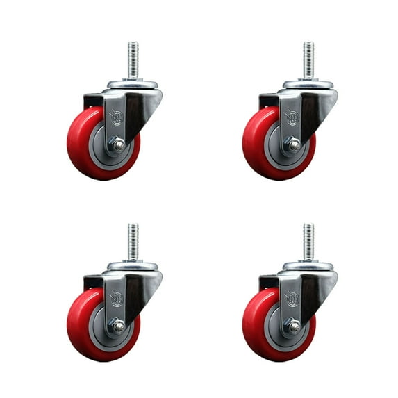 3 Inch Red Poly Wheel Swivel 5/8 Inch Threaded Stem Caster Set Service Caster