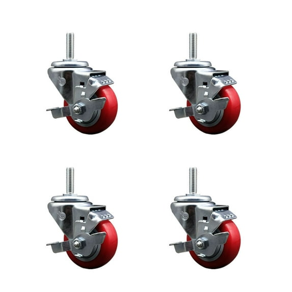 3 Inch Red Poly Wheel Swivel 5/8 Inch Threaded Stem Caster Set with Brake