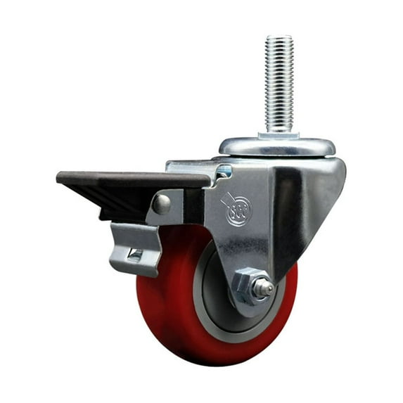 3 Inch Red Poly Wheel Swivel 5/8 Inch Threaded Stem Caster with Brake