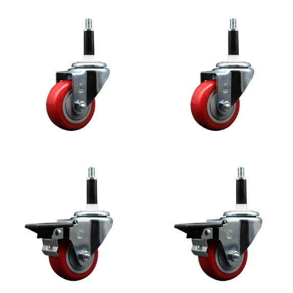 3 Inch Red Poly Wheel Swivel 7/8 Inch Expanding Stem Caster Set 2 Brakes SCC