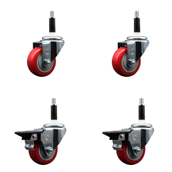 3 Inch Red Poly Wheel Swivel 7/8 Inch Expanding Stem Caster Set 2 Brakes SCC