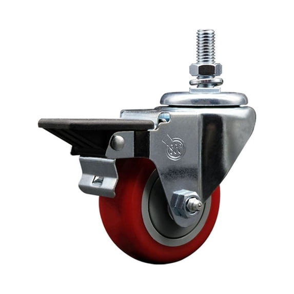 3 Inch Red Polyurethane 10MM Threaded Stem Caster with Brake