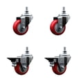 thumbnail image 1 of 3 Inch Red Polyurethane ½ Inch Threaded Stem Caster Set 2 Brakes SCC, 1 of 2