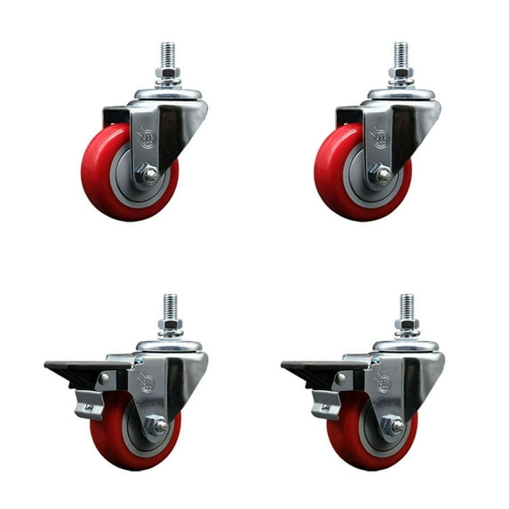3 Inch Red Polyurethane ½ Inch Threaded Stem Caster Set 2 Brakes SCC