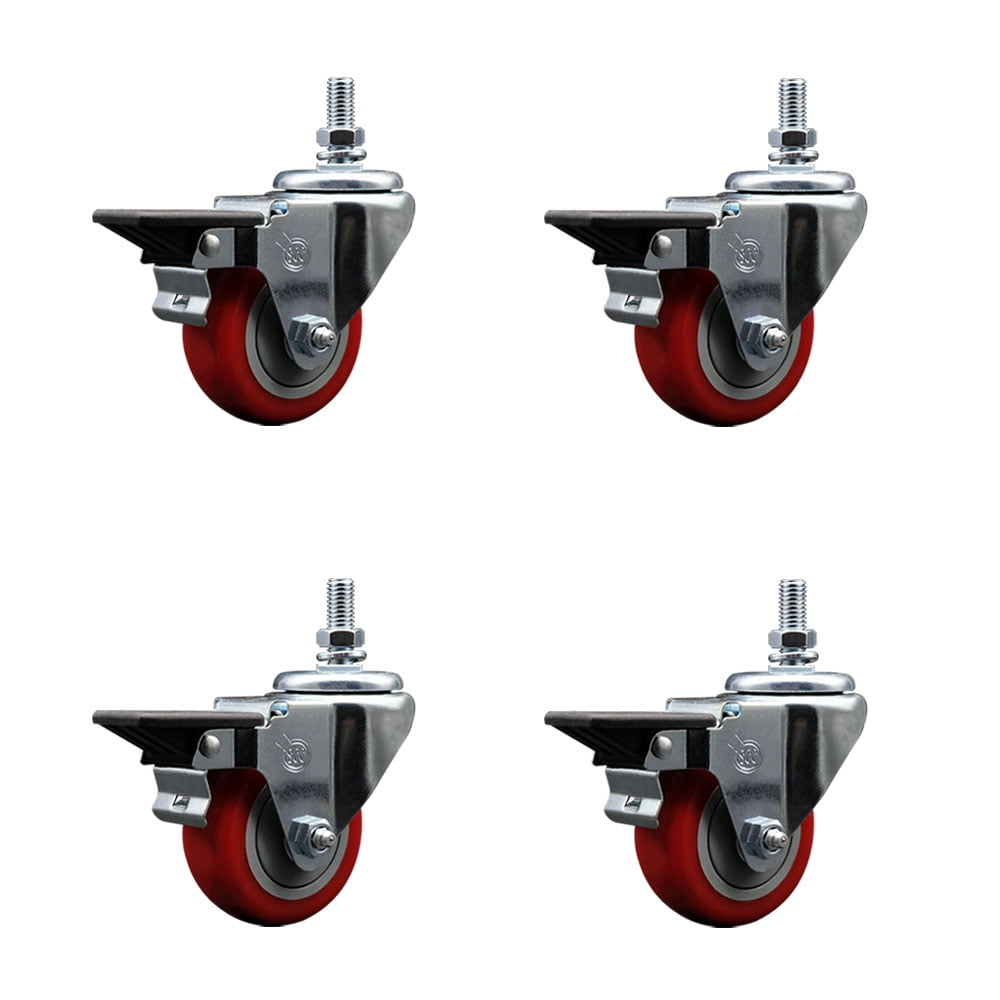 3 Inch Red Polyurethane ½ Inch Threaded Stem Caster Set with Brake ...