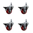 thumbnail image 1 of 3 Inch Red Polyurethane ½ Inch Threaded Stem Caster Set with Brake, 1 of 2