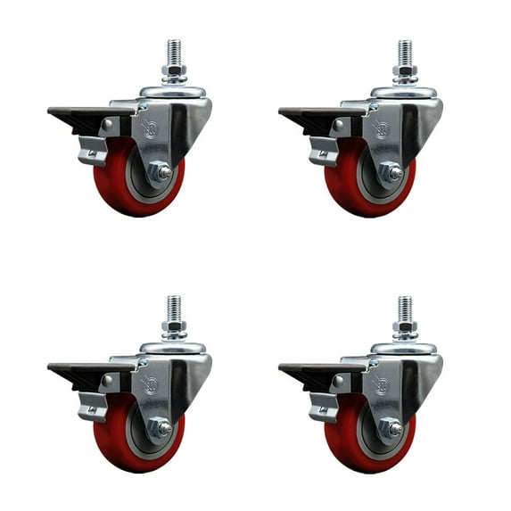 3 Inch Red Polyurethane ½ Inch Threaded Stem Caster Set with Brake