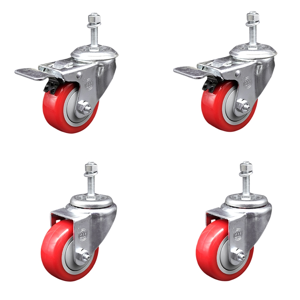 3 Inch Red Polyurethane Swivel 10mm Stem Caster Set 2 Total Lock Brake ...