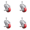 thumbnail image 1 of 3 Inch Red Polyurethane Swivel 3/8 Inch Threaded Stem Caster Set with Brake, 1 of 2