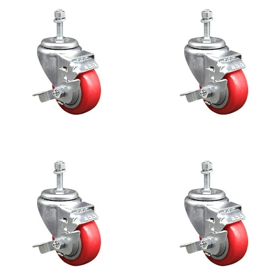 3 Inch Red Polyurethane Swivel 3/8 Inch Threaded Stem Caster Set with Brake
