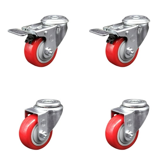 3 Inch Red Polyurethane Swivel Bolt Hole Caster Set with 2 Total Lock Brake