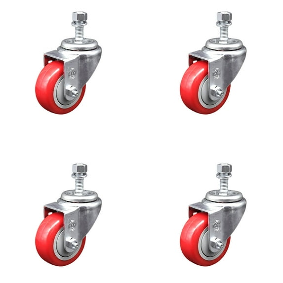 3 Inch Red Polyurethane Wheel Swivel 12mm Threaded Stem Caster Set SCC