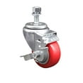 thumbnail image 1 of 3 Inch Red Polyurethane Wheel Swivel 12mm Threaded Stem Caster with Brake, 1 of 2