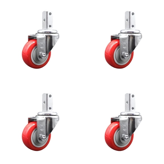 3 Inch Red Polyurethane Wheel Swivel 3/4 Inch Square Stem Caster Set SCC