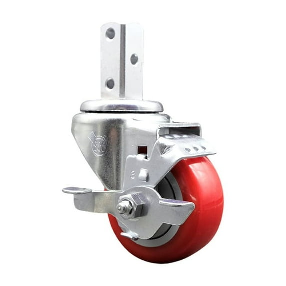 3 Inch Red Polyurethane Wheel Swivel 7/8 Inch Square Stem Caster with Brake