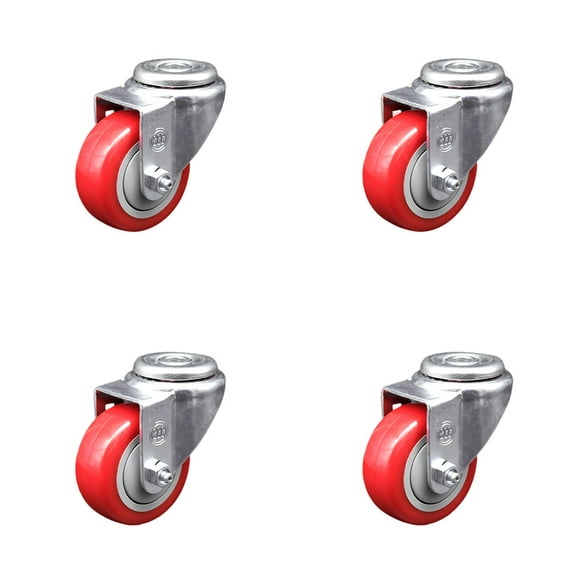 3 Inch Red Polyurethane Wheel Swivel Bolt Hole Caster Set Service Caster