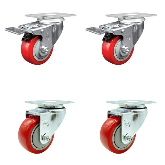 3 Inch Red Polyurethane Wheel Swivel Top Plate Caster Set 2 Total Lock Brakes