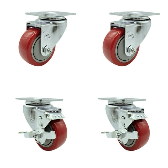3 Inch Red Polyurethane Wheel Swivel Top Plate Caster Set with 2 Brakes SCC