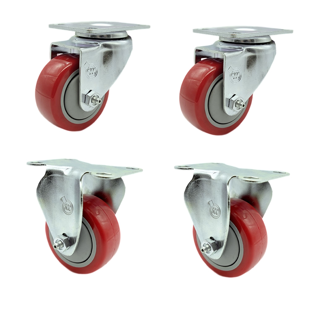 3 Inch Red Polyurethane Wheel Swivel Top Plate Caster Set with 2 Rigid ...