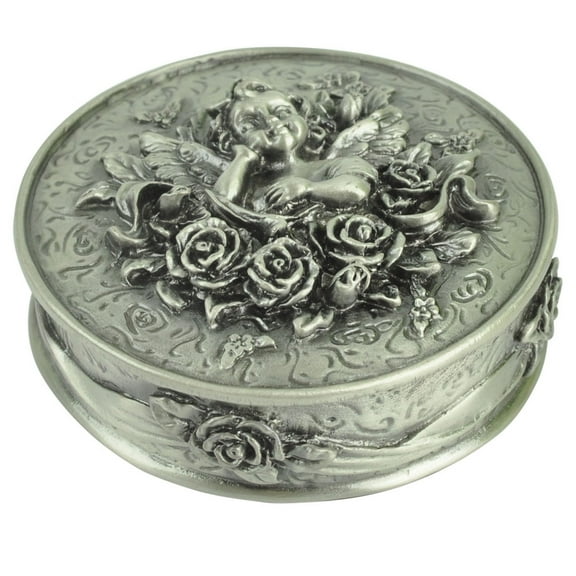 3 Inch Round Jewelry Pills Box Cherub Roses Cast Metal Pewter Home Office Dcor