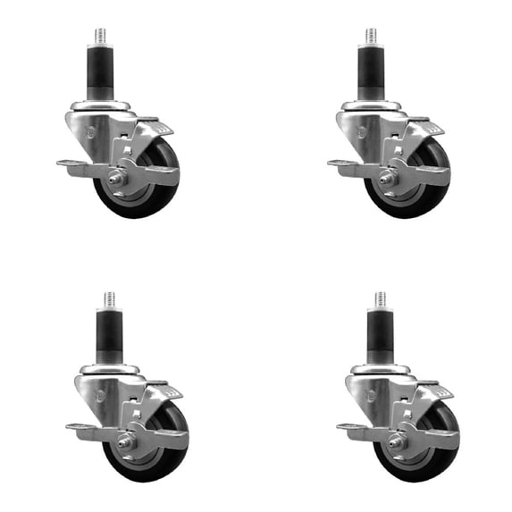 3 Inch SS Black Poly Swivel 1-1/4 Inch Expanding Stem Caster Set with Brake SCC