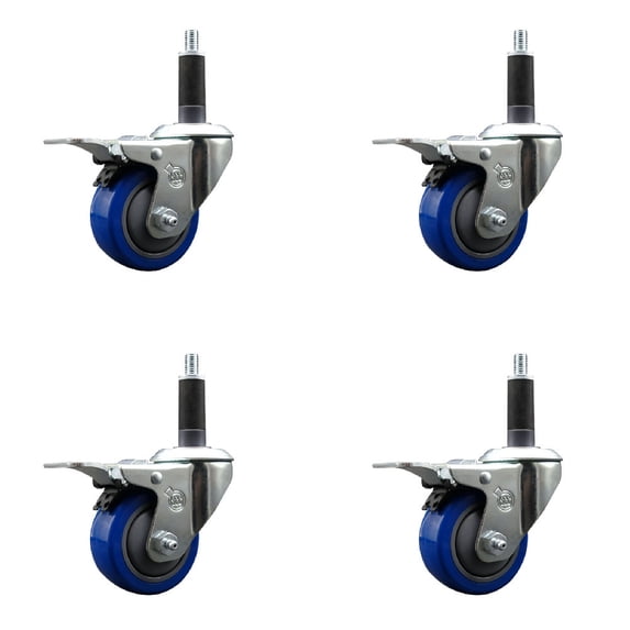 3 Inch SS Blue Poly Swivel 1 Inch Expanding Stem Caster Set Total Lock Brake