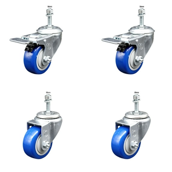 3 Inch SS Blue Poly Swivel 10mm Threaded Stem Caster Set 2 Total Lock Brake