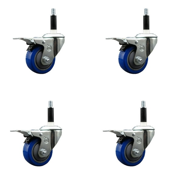 3 Inch SS Blue Poly Swivel 7/8 Inch Expanding Stem Caster Set Total Lock Brake