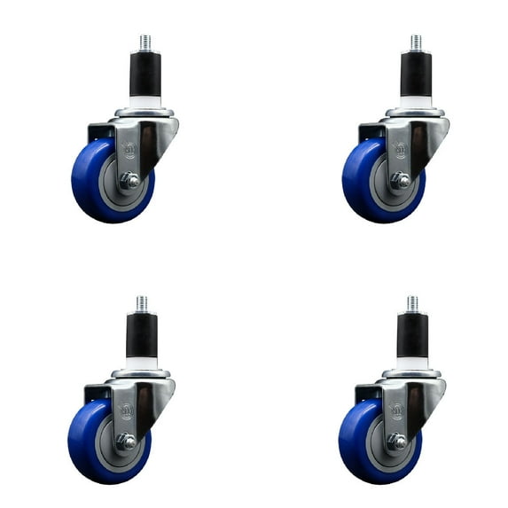 3 Inch SS Blue Poly Wheel Swivel 1-1/2 Inch Expanding Stem Caster Set SCC