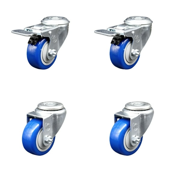 3 Inch SS Blue Polyurethane Swivel Bolt Hole Caster Set with 2 Total Lock Brake