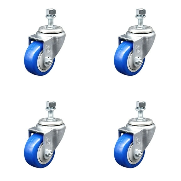 3 Inch SS Blue Polyurethane Wheel Swivel 12mm Threaded Stem Caster Set SCC
