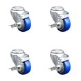 thumbnail image 1 of 3 Inch SS Blue Polyurethane Wheel Swivel Bolt Hole Caster Set with Brake SCC, 1 of 2