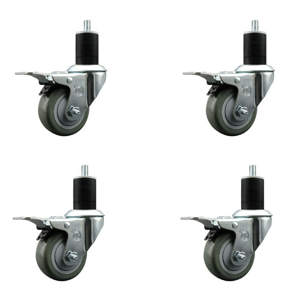 3 Inch SS Gray Poly Swivel 1-3/4 Inch Expanding Stem Caster Set Total Lock Brake