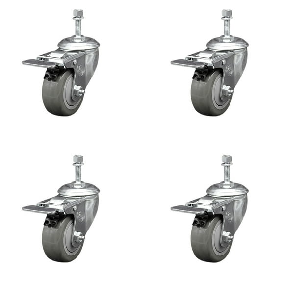 3 Inch SS Gray Polyurethane 10mm Threaded Stem Caster Set Total Lock Brake