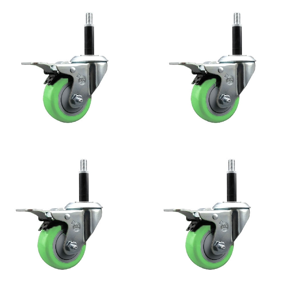 3 Inch SS Green Poly Swivel 3/4 Inch Expanding Stem Caster Set Total ...