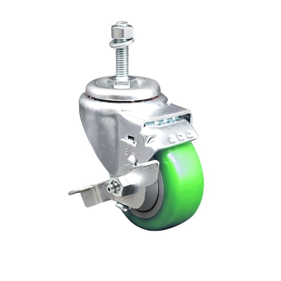 3 Inch SS Green Polyurethane Swivel 10mm Threaded Stem Caster with Brake SCC