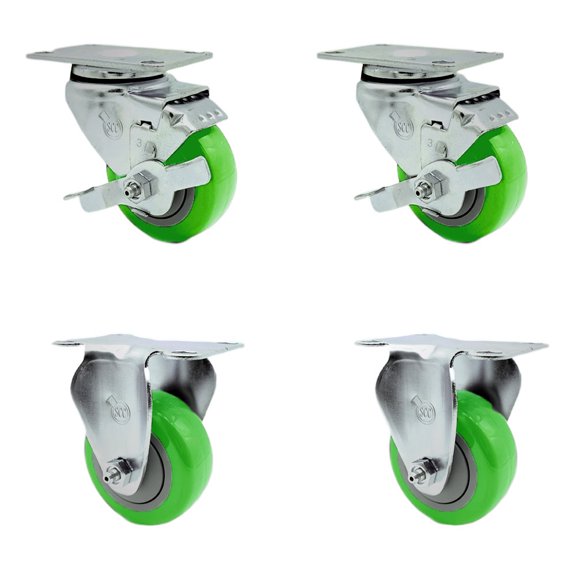 3 Inch SS Green Polyurethane Top Plate Caster Set with 2 Brake 2 Rigid SCC