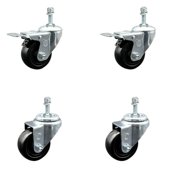3 Inch SS Hard Rubber Swivel 3/8 Inch Threaded Stem Caster Set 2 Lock Brake SCC