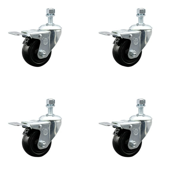 3 Inch SS Hard Rubber Swivel ½ Inch Threaded Stem Caster Set Total Lock Brake