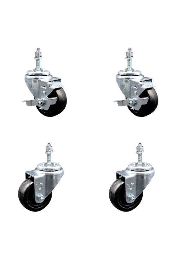 3 Inch SS Hard Rubber Wheel Swivel 3/8 Inch Threaded Stem Caster Set 2 Brakes