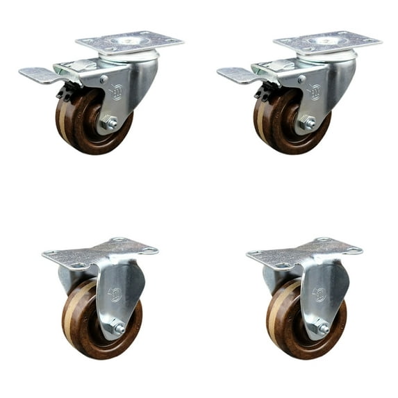 3 Inch SS High Temp Phenolic Top Plate Caster Set 2 Lock Brake 2 Rigid SCC