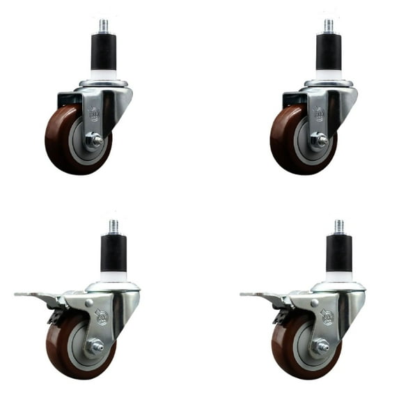 3 Inch SS Maroon Poly Swivel 1-1/2 Inch Expanding Stem Caster Set 2 Brakes