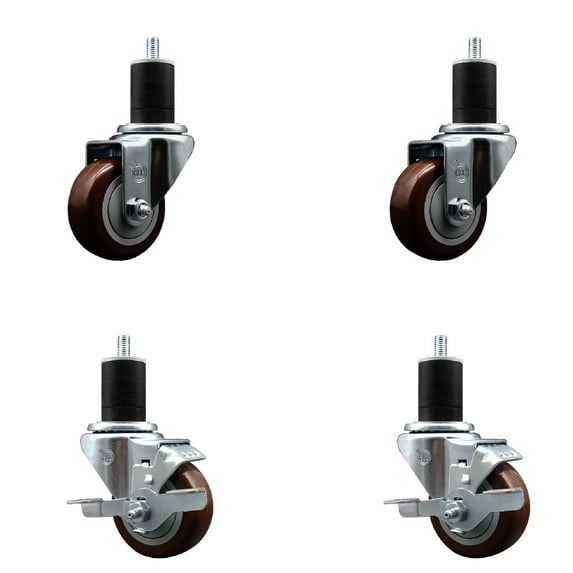 3 Inch SS Maroon Poly Wheel Swivel 1-3/4 Inch Expanding Stem Caster Set 2 Brakes