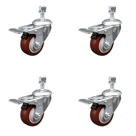 3 Inch Maroon Polyurethane Swivel 12mm Stem Caster Set with Total Lock Brake