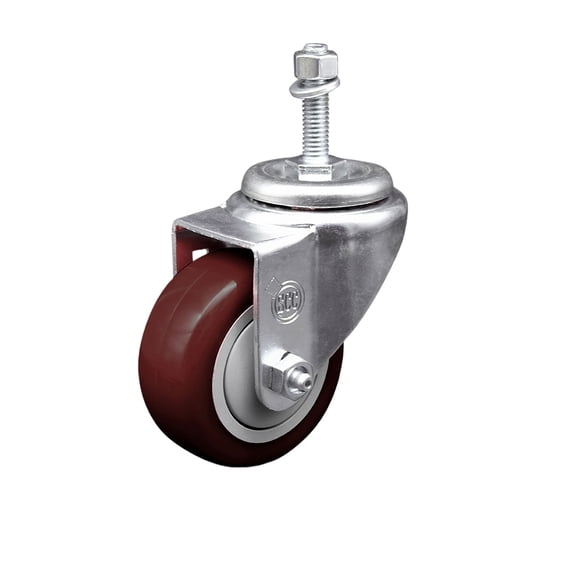 3 Inch SS Maroon Polyurethane Wheel Swivel 3/8 Inch Threaded Stem Caster SCC